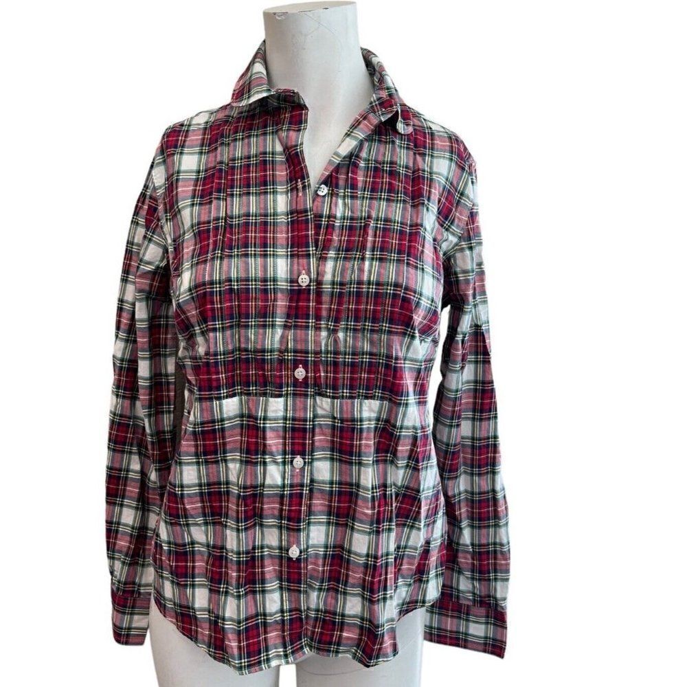 Untuckit For Her Size 4 Red Plaid Button Front Blouse Belinda Tuxedo Bib Shirt